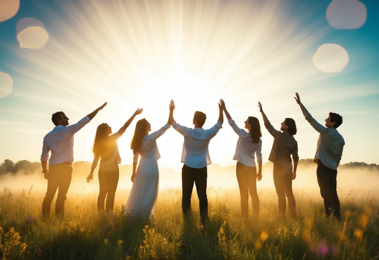 A group of figures standing in a radiant, ethereal landscape, reaching out towards each other with expressions of recognition and joy