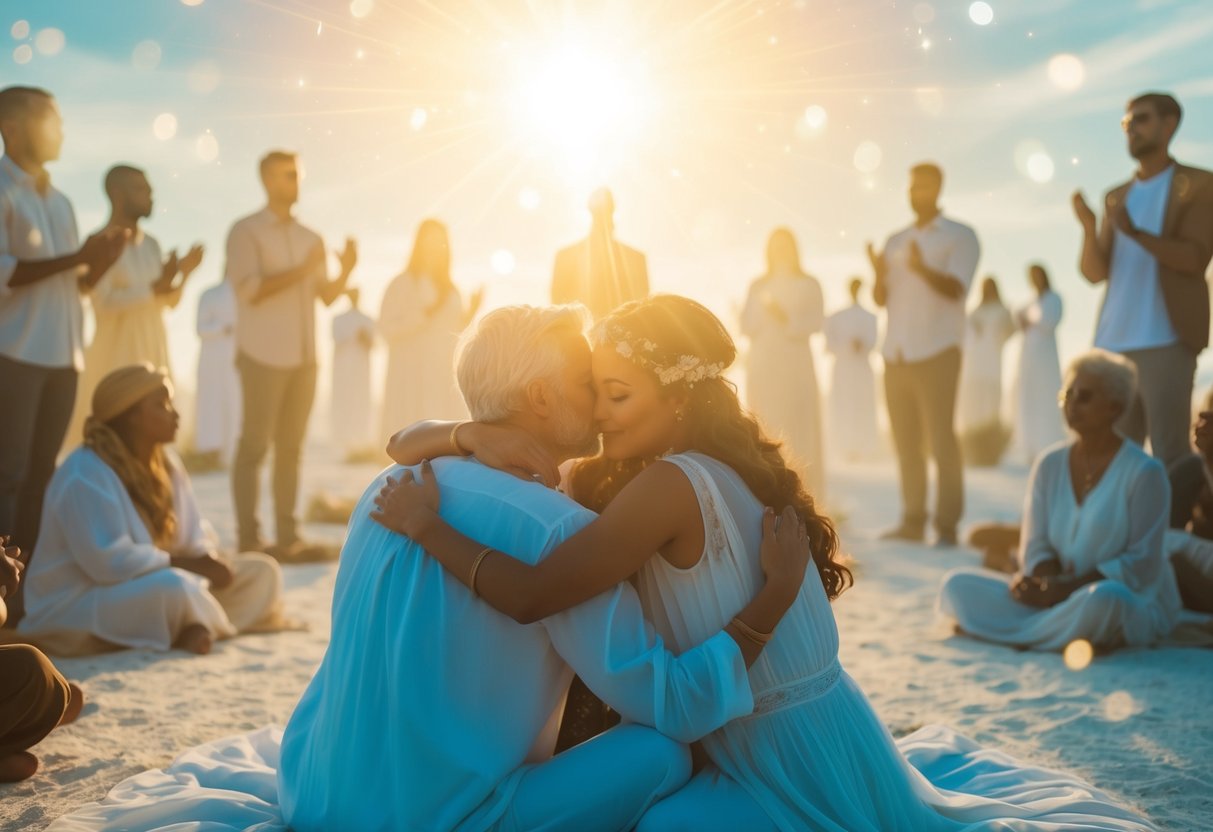 A radiant, celestial gathering where souls embrace in recognition, surrounded by ethereal light and a sense of peace