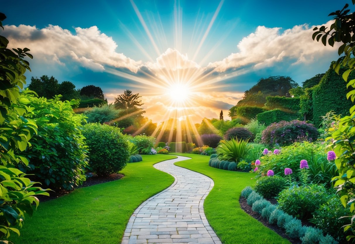 A lush garden with a winding path leading to a radiant, celestial realm beyond the clouds