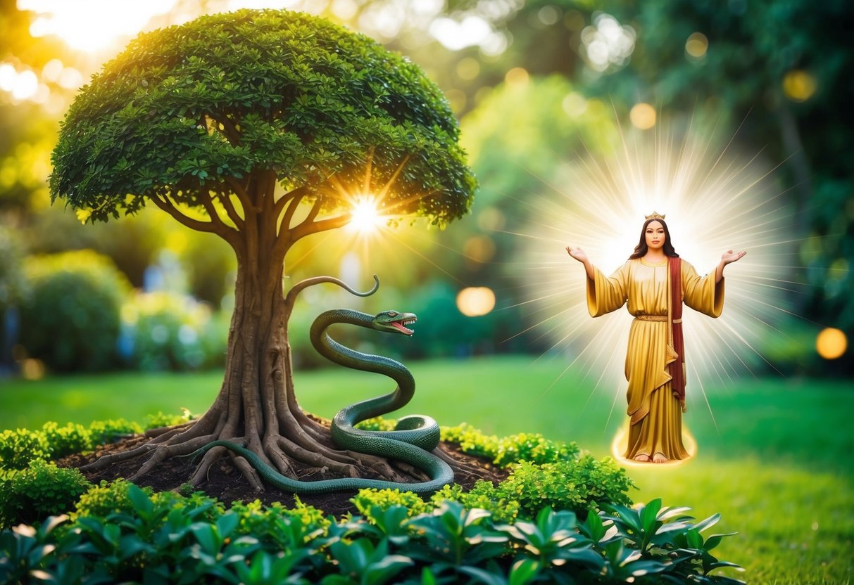 A lush garden with a forbidden tree, a serpent, and a radiant figure offering forgiveness and hope