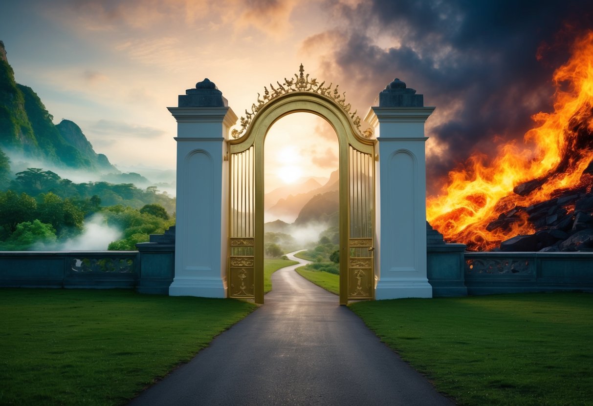 A serene, golden gate leading to lush, ethereal landscapes on one side, and a fiery, chaotic abyss on the other