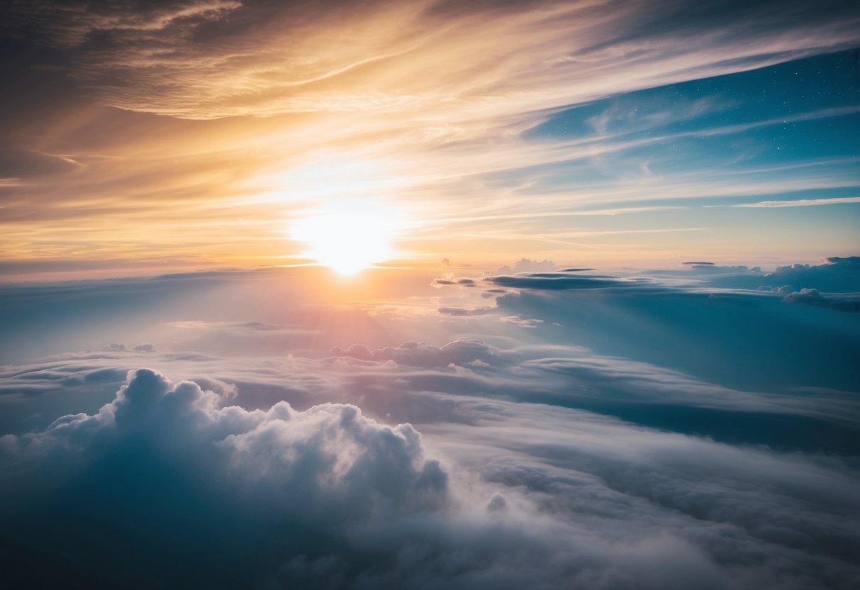 A vast, celestial expanse with multiple layers of swirling, colorful clouds and radiant celestial bodies