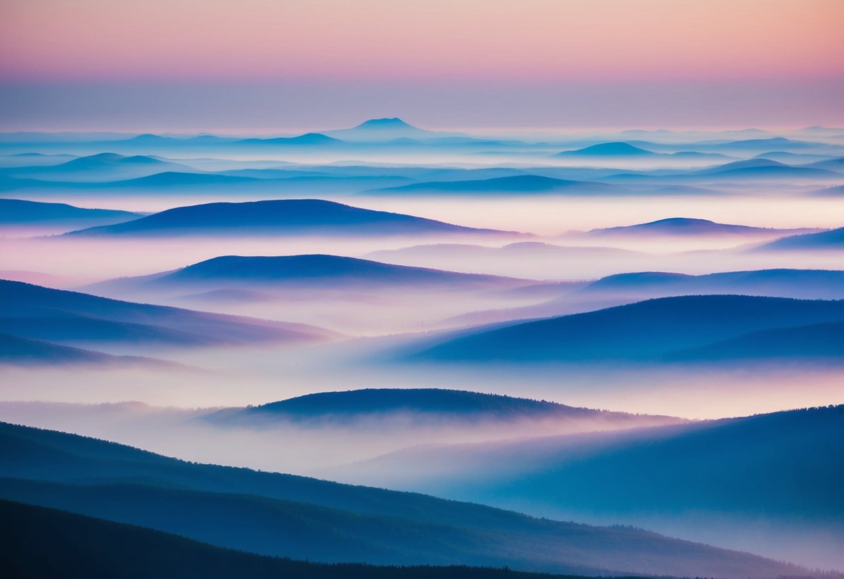 A serene, celestial landscape with multiple layers of vibrant, ethereal realms ascending into the distance