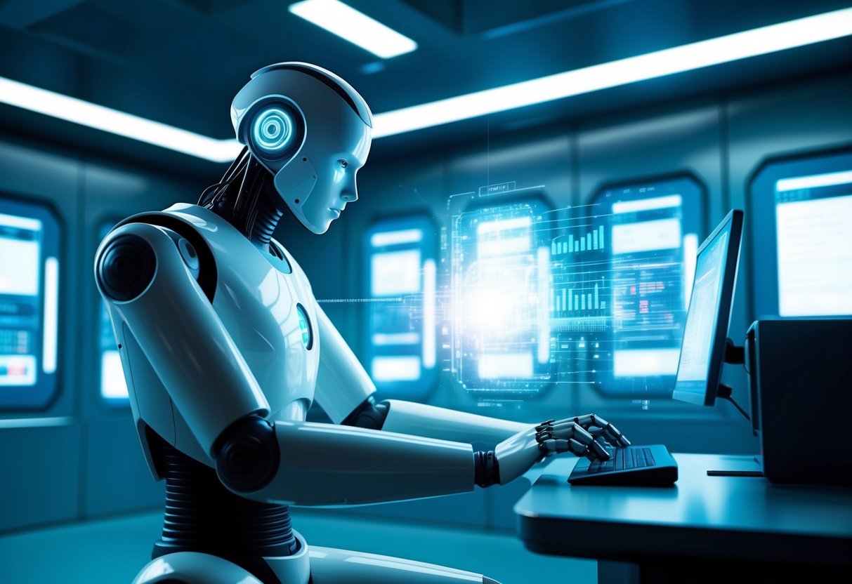 A sleek, futuristic robot processing data in a high-tech control room