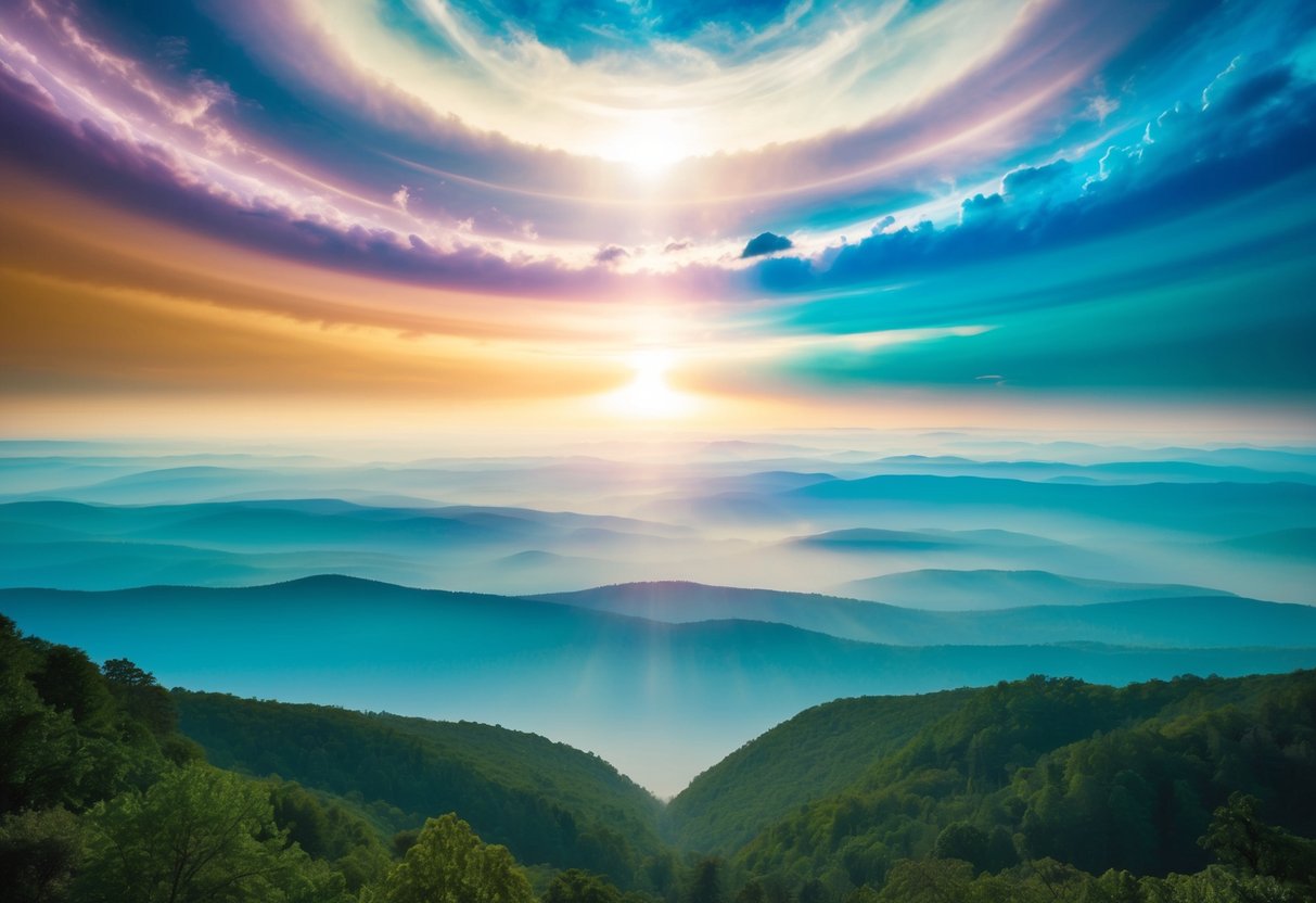 A serene landscape with multiple layers of colorful, ethereal realms floating above, each representing a different cultural concept of heaven