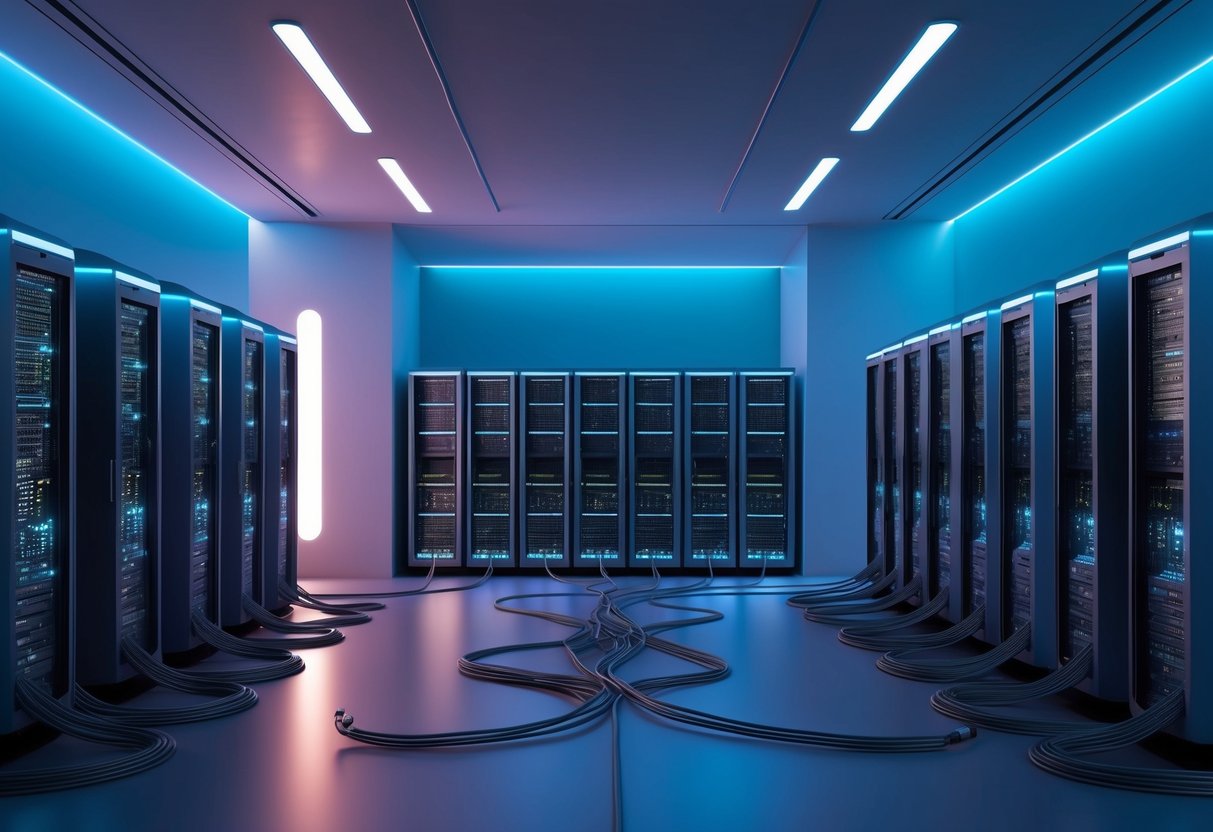 A futuristic room with computer servers and cables, illuminated by a soft blue light