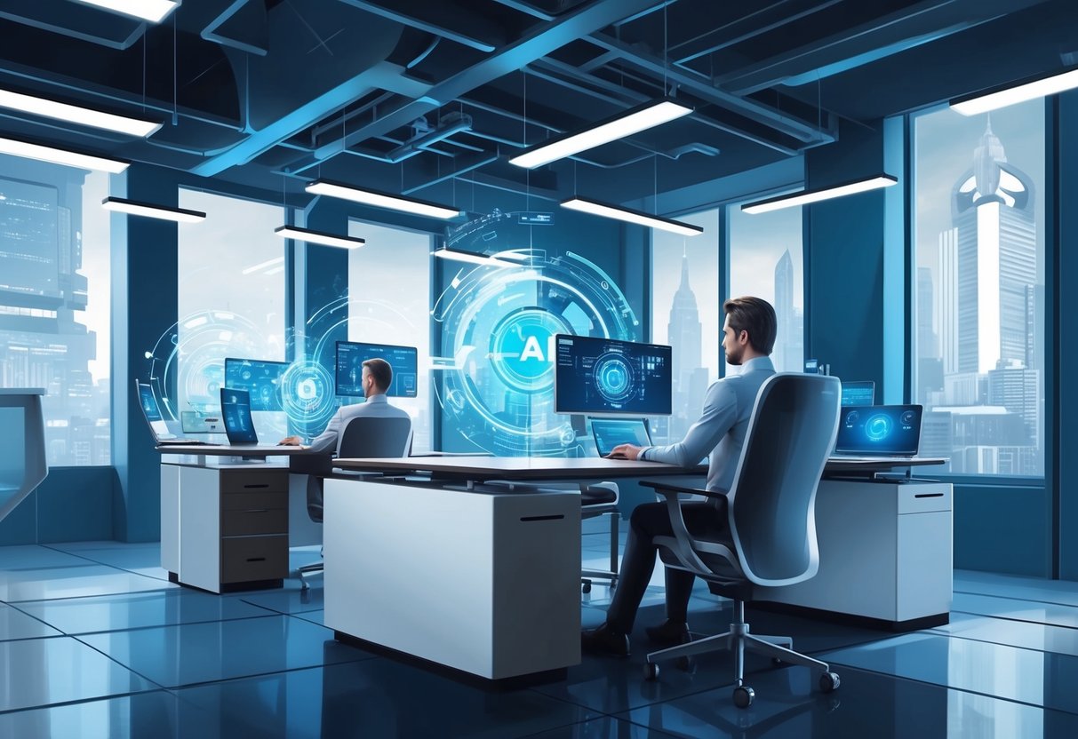 An office setting with futuristic technology and AI systems integrated into business operations
