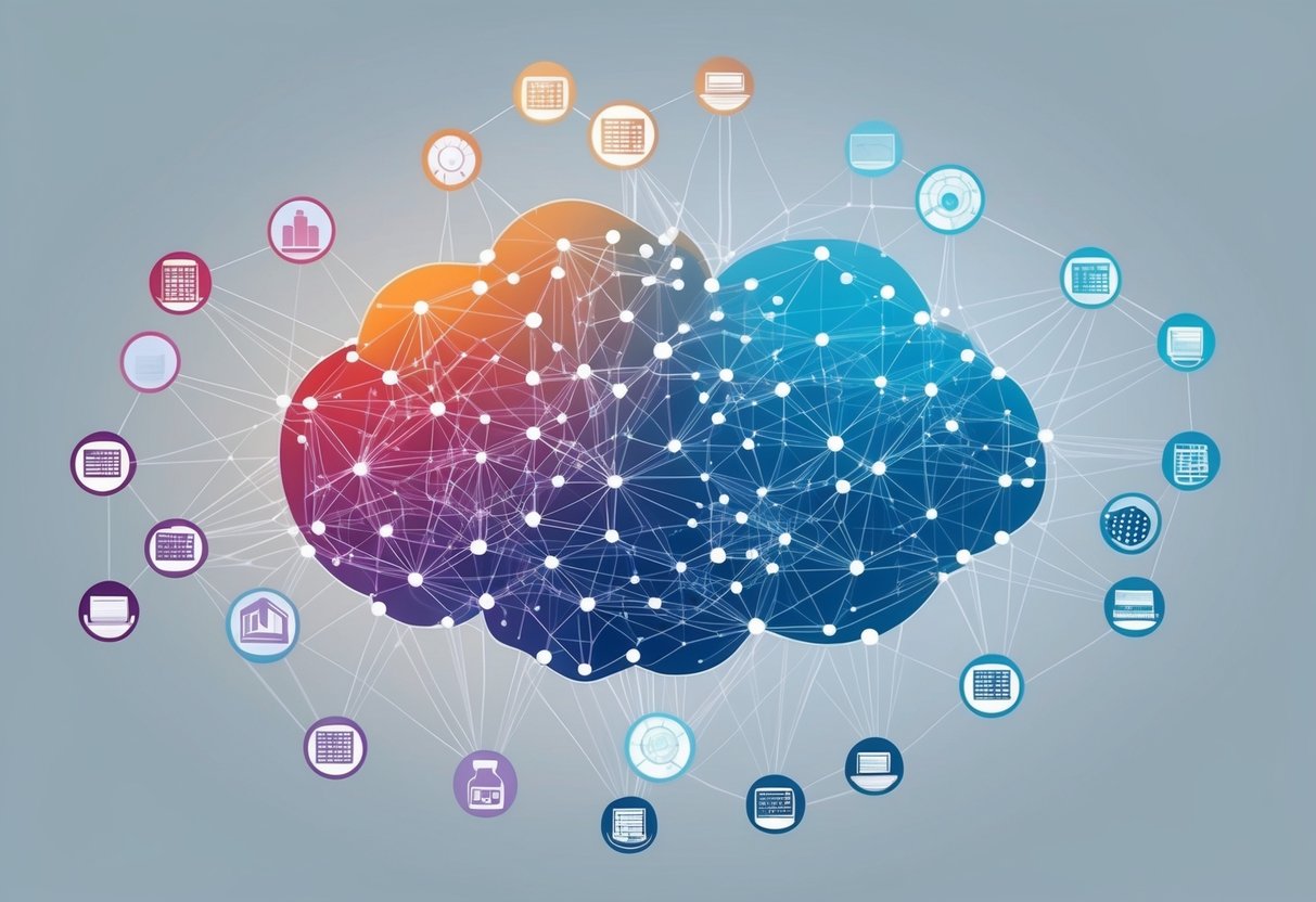 A complex network of interconnected nodes and data streams, representing the implementation of machine learning and deep dive artificial intelligence