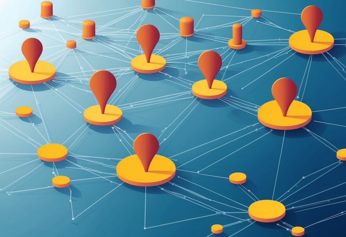A network of interconnected nodes and lines representing data flow in a digital environment