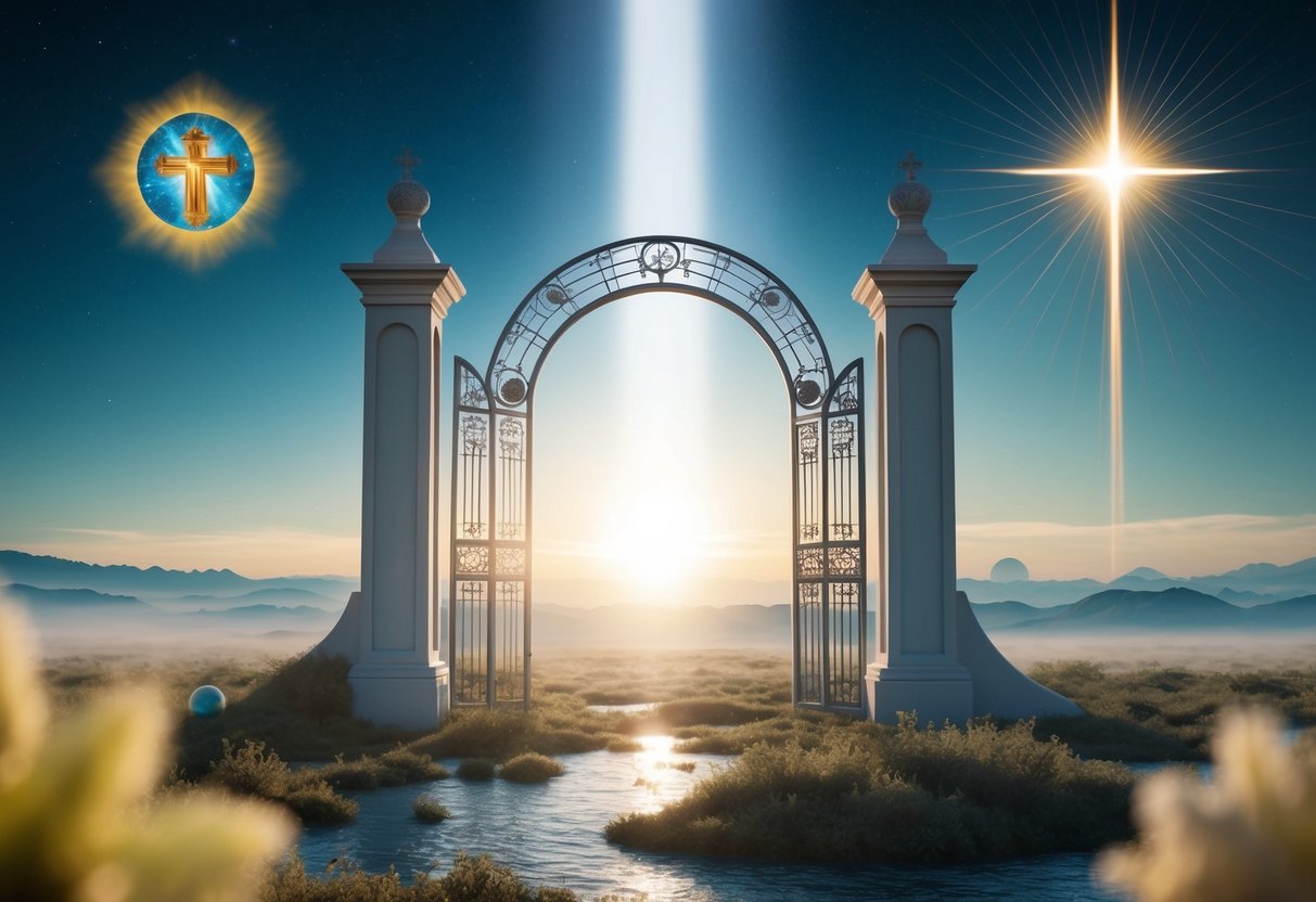 A serene, otherworldly landscape with a celestial gate and a beam of light shining down, surrounded by symbols of faith and spirituality
