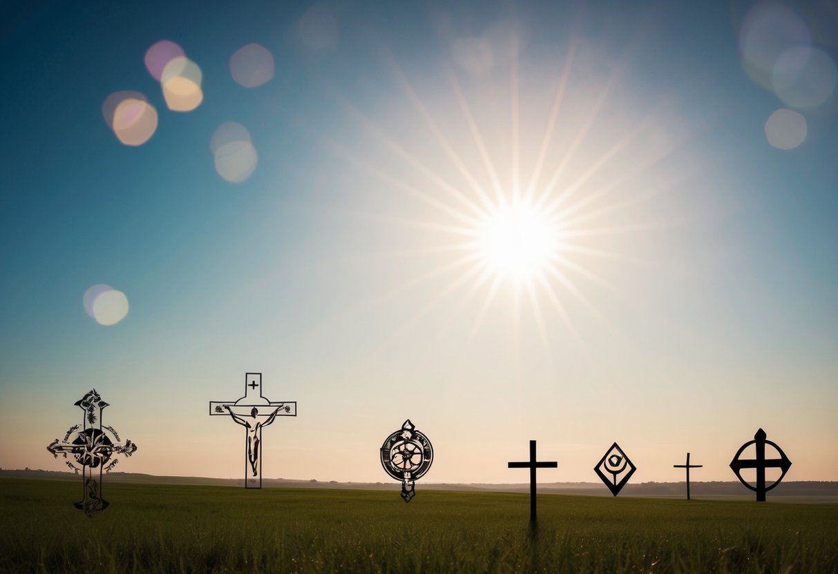 A serene landscape with a clear sky and a radiant sun, surrounded by symbols of faith and spirituality, with a subtle presence of tattoos integrated into the scenery
