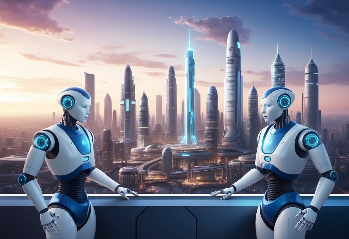 A futuristic city skyline with AI robots working alongside humans in harmony