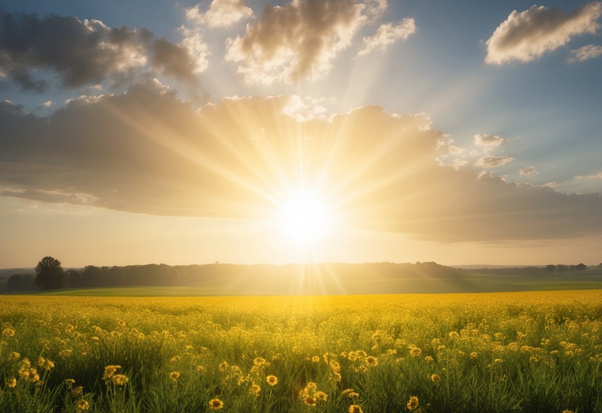 A serene, heavenly landscape with a radiant sun shining down on a peaceful meadow, symbolizing the hope for salvation regardless of tattoos