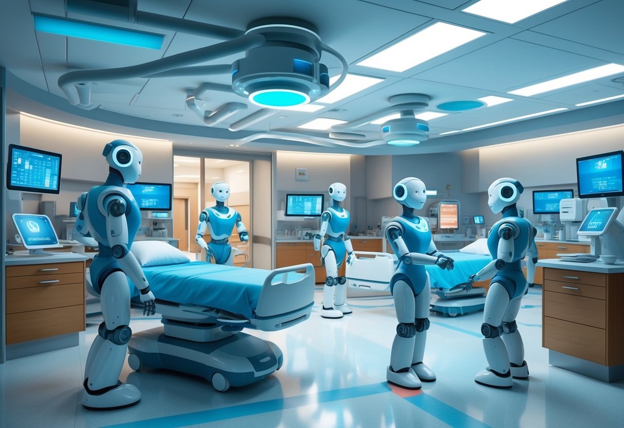 A futuristic hospital with AI robots assisting medical staff and advanced technology seamlessly integrated into patient care
