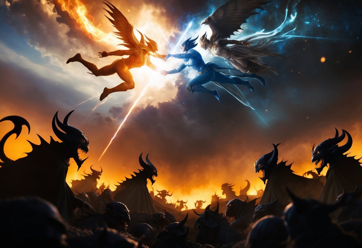 A battle of light and darkness, with celestial beings clashing in a fiery sky while demonic creatures lurk in the shadows below