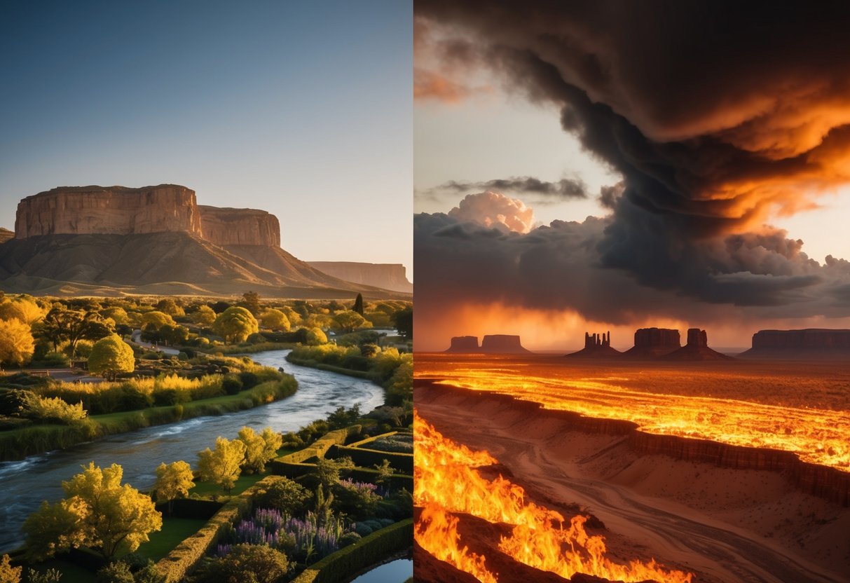 A serene, golden landscape with lush gardens and flowing rivers contrasts with a fiery, desolate wasteland with jagged cliffs and swirling black clouds