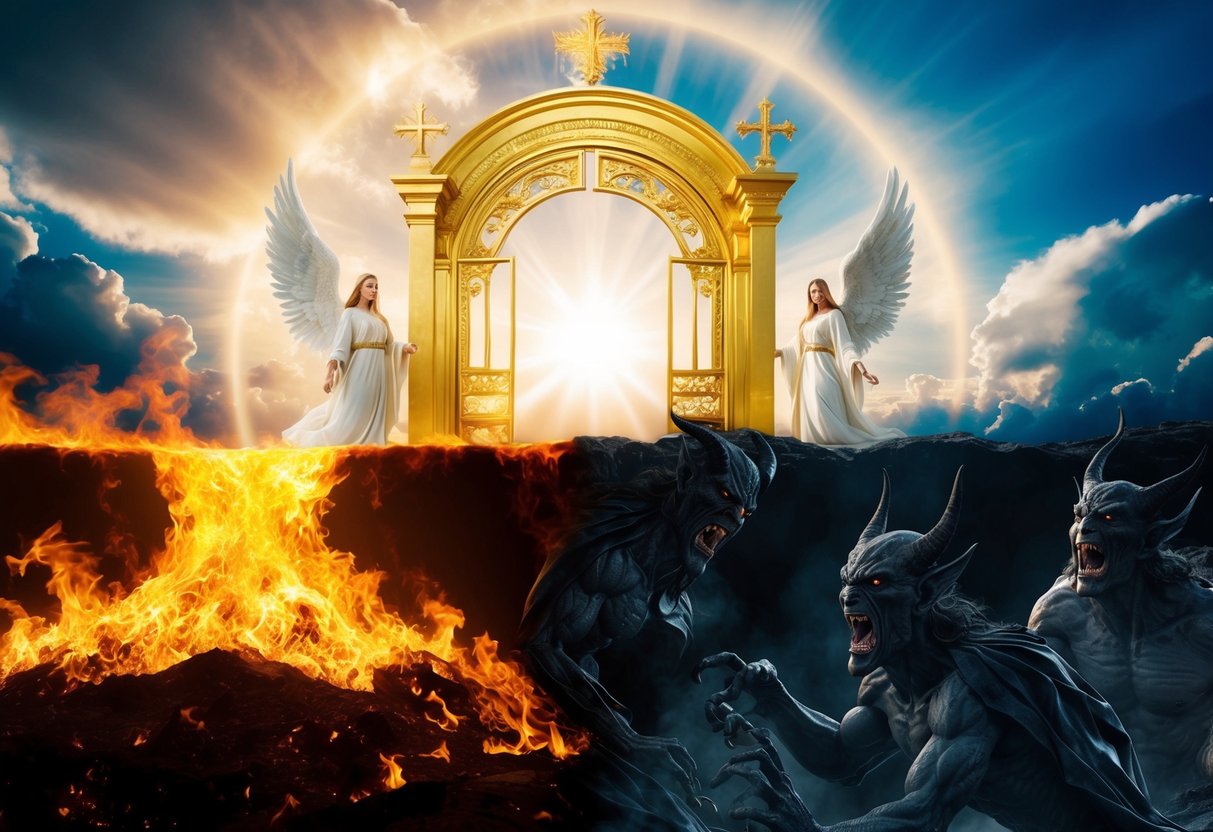 A radiant heaven with golden gates and angelic figures, contrasted with a fiery, dark abyss of hell with menacing demons