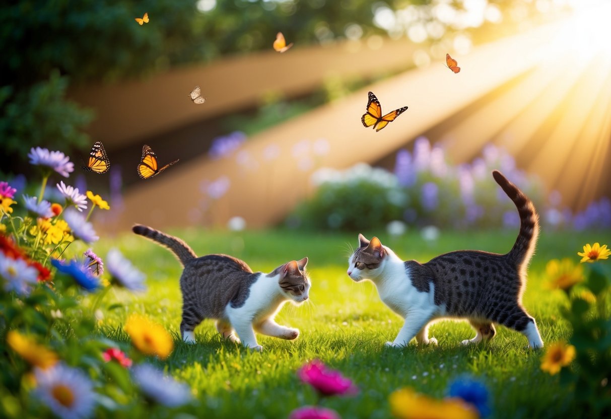 A serene garden with a warm sunbeam illuminating a peaceful meadow where cats play among colorful flowers and fluttering butterflies