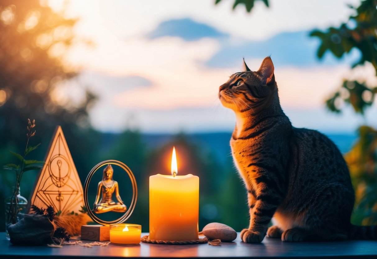 A serene tabby cat sits beside a glowing candle, surrounded by symbols of spirituality and nature. The cat gazes upwards, as if contemplating the heavens