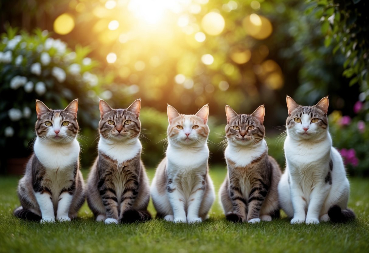 A group of cats surrounded by soft, golden light, sitting peacefully in a lush garden with a serene and heavenly atmosphere