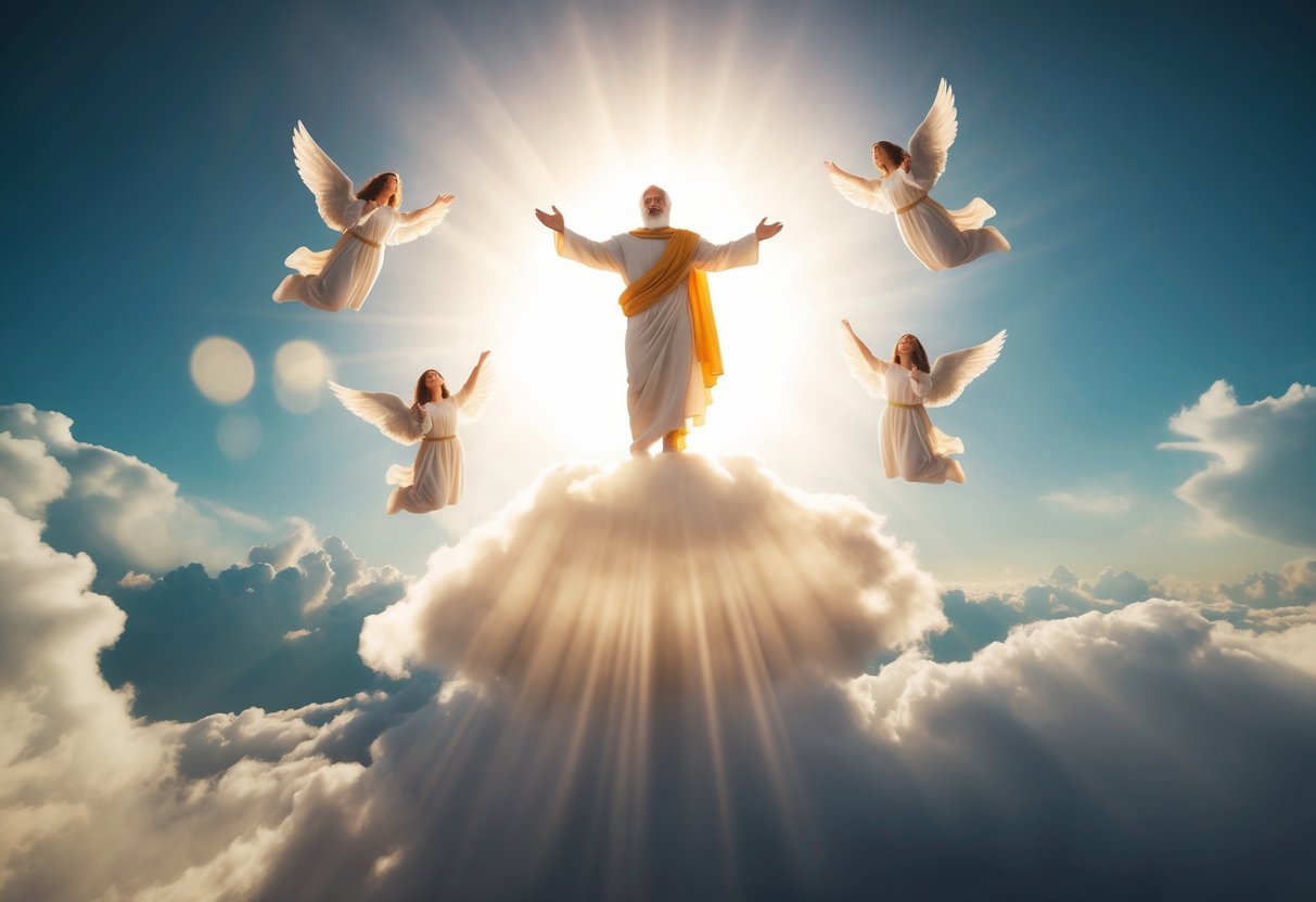 Moses ascending to heaven on a radiant cloud, surrounded by angels and bathed in divine light