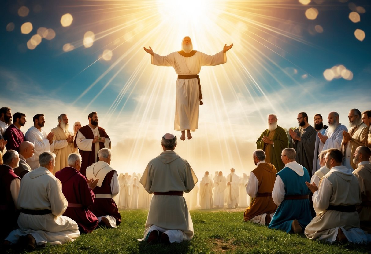 Moses' spirit ascends to a radiant, heavenly realm, while his legacy is honored by a gathering of his followers on earth