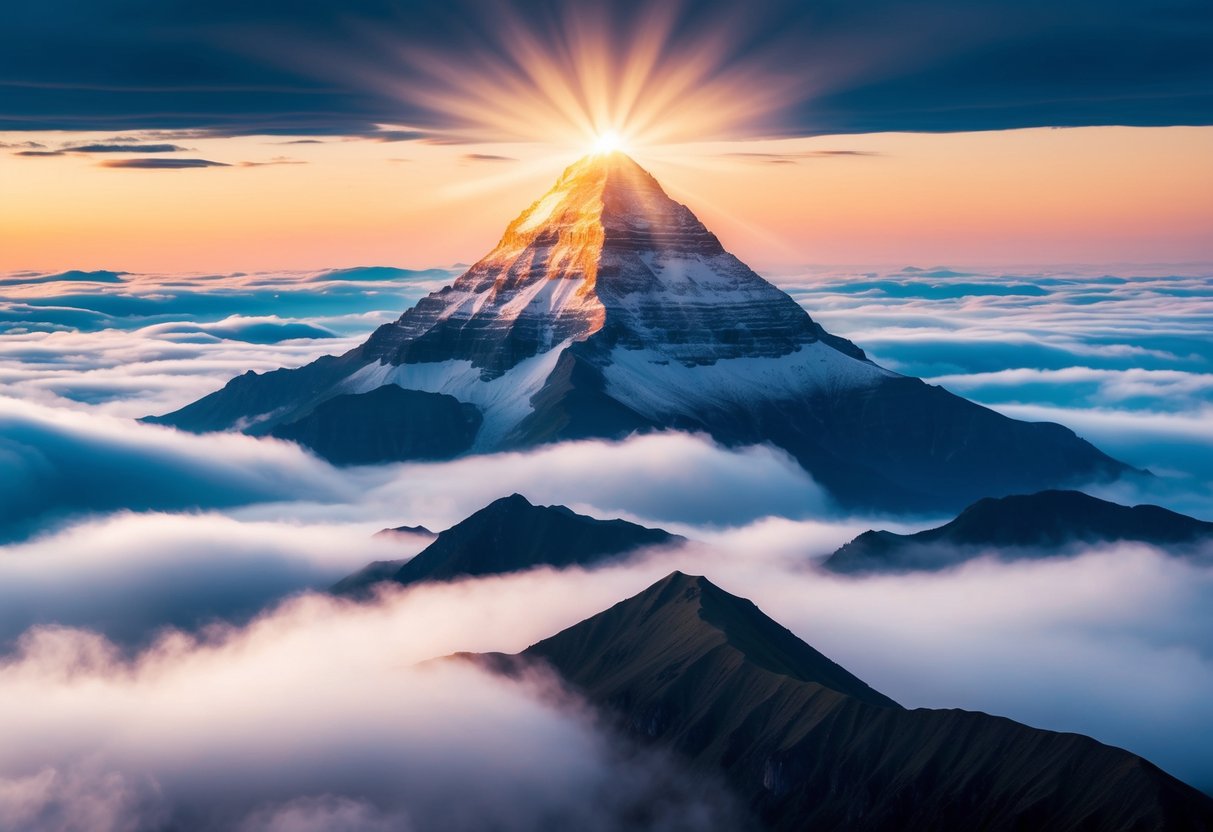 A majestic mountain peak with a glowing aura, surrounded by clouds and light, symbolizing Moses' final destination