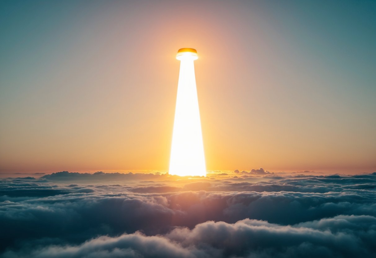 A bright light ascends from the earth into the clouds