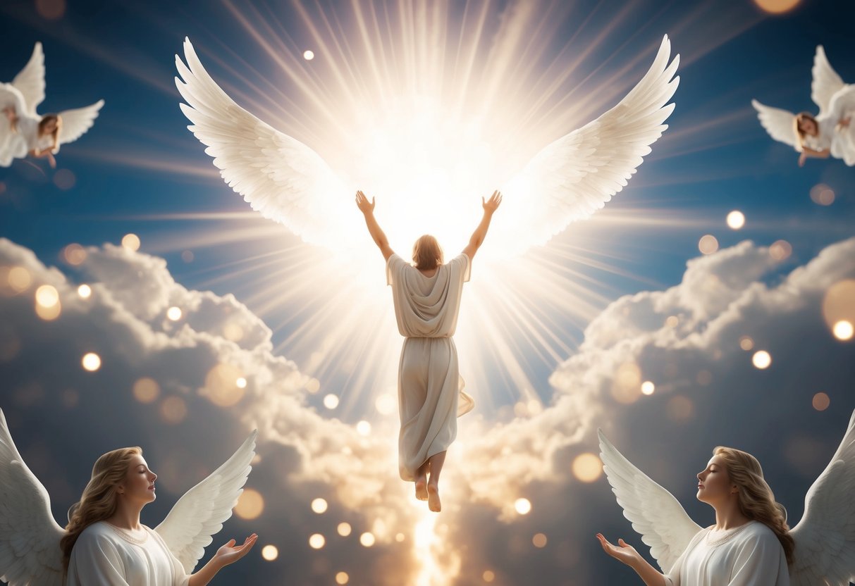 A figure ascends to heaven surrounded by a radiant light and angelic beings