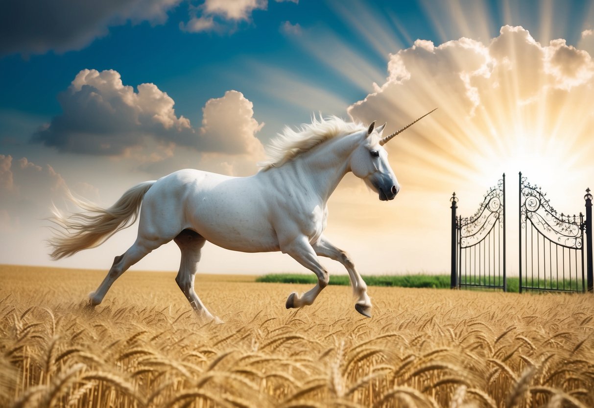 A majestic unicorn galloping through a field of golden wheat towards a radiant, ethereal gate in the clouds