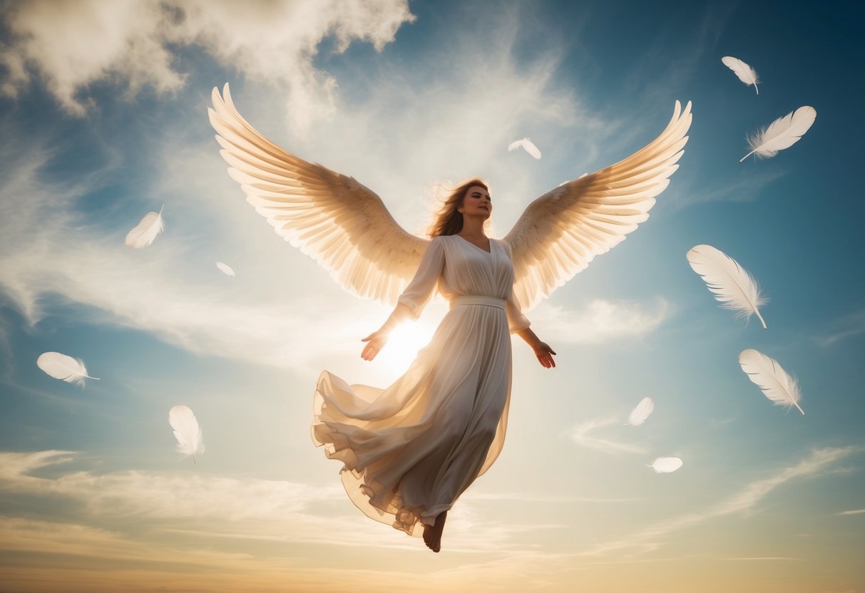 An angelic figure with flowing robes hovers in a sunlit sky, surrounded by ethereal light and feathers