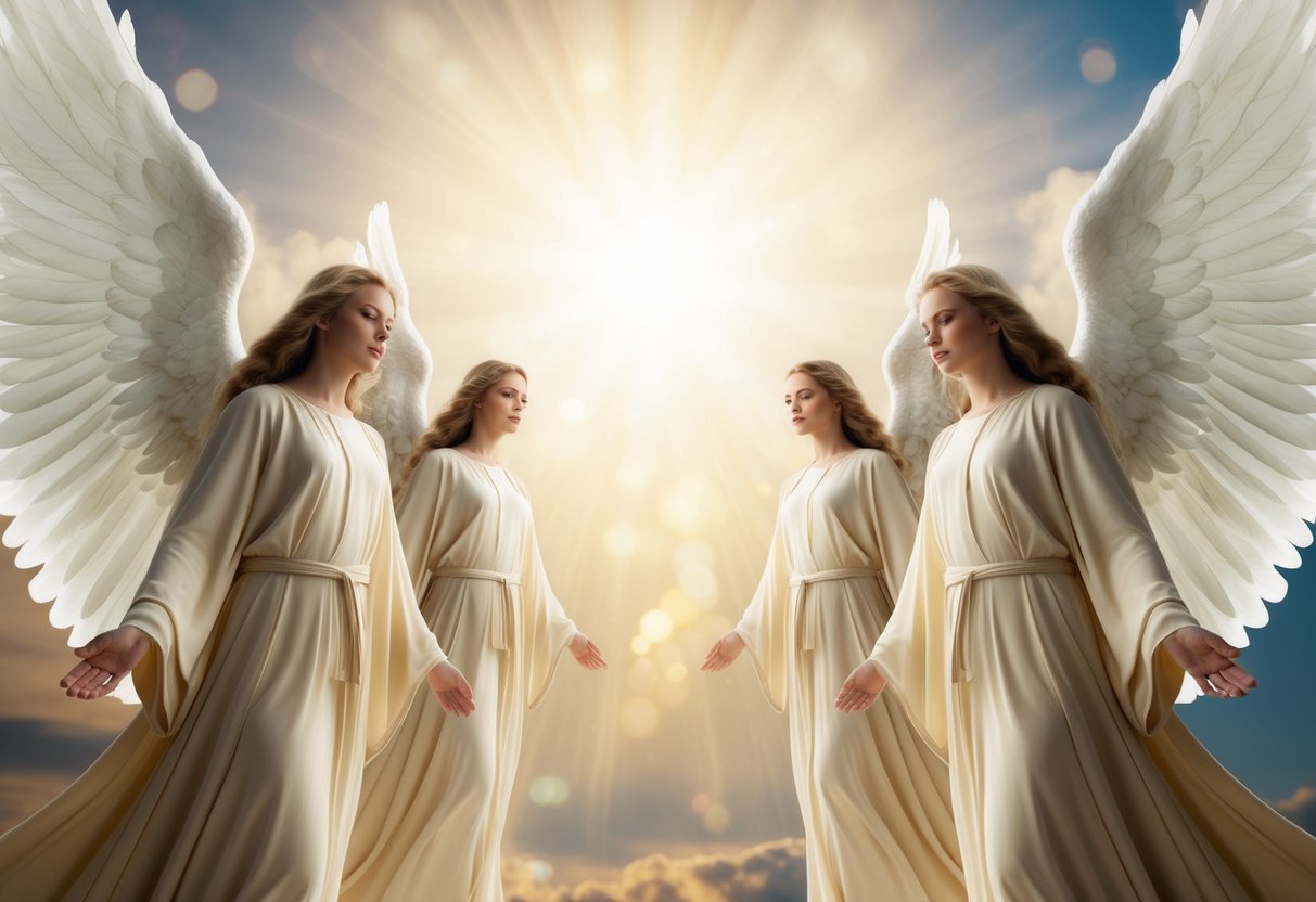 Angels in flowing robes, surrounded by light, with majestic wings outstretched, radiating a sense of protection and guidance