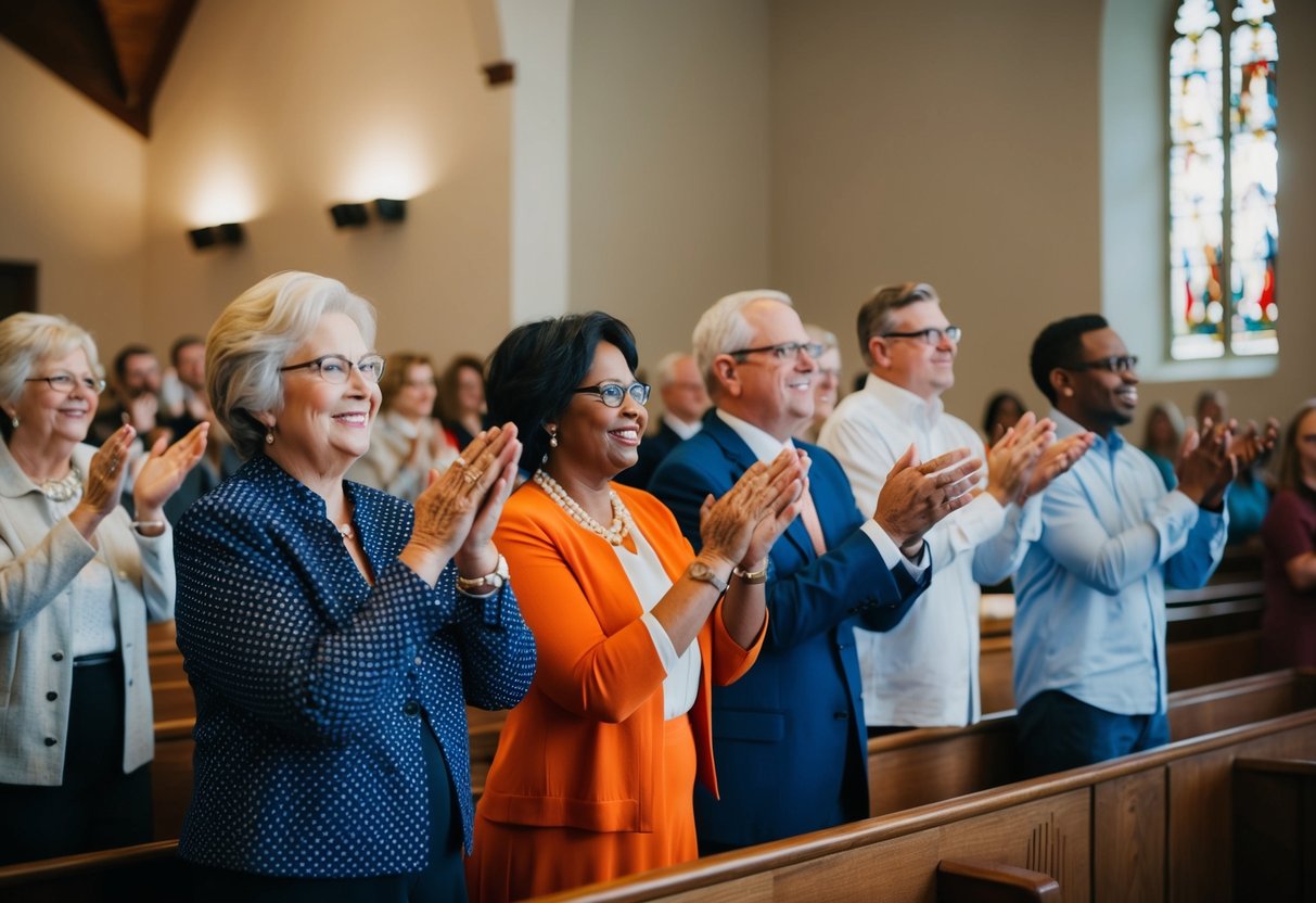 A group of people in a church, clapping and swaying to music
