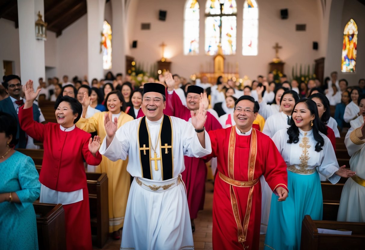 A group of people in traditional Christian attire gather in a church, with joyful expressions, moving in unison to the sound of music