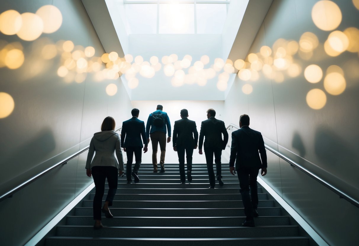 A group of figures ascending a staircase towards a glowing, ethereal light