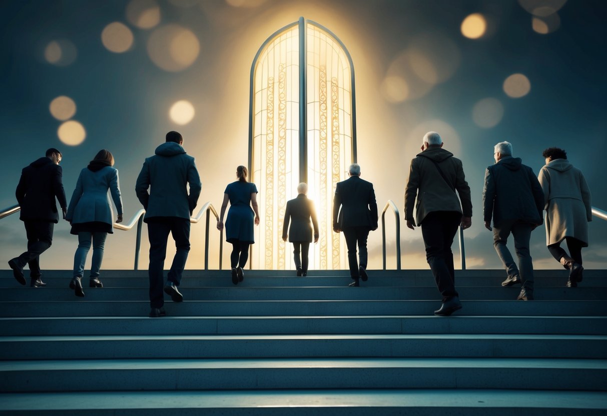 A group of diverse figures ascending a staircase toward a glowing, ethereal gate