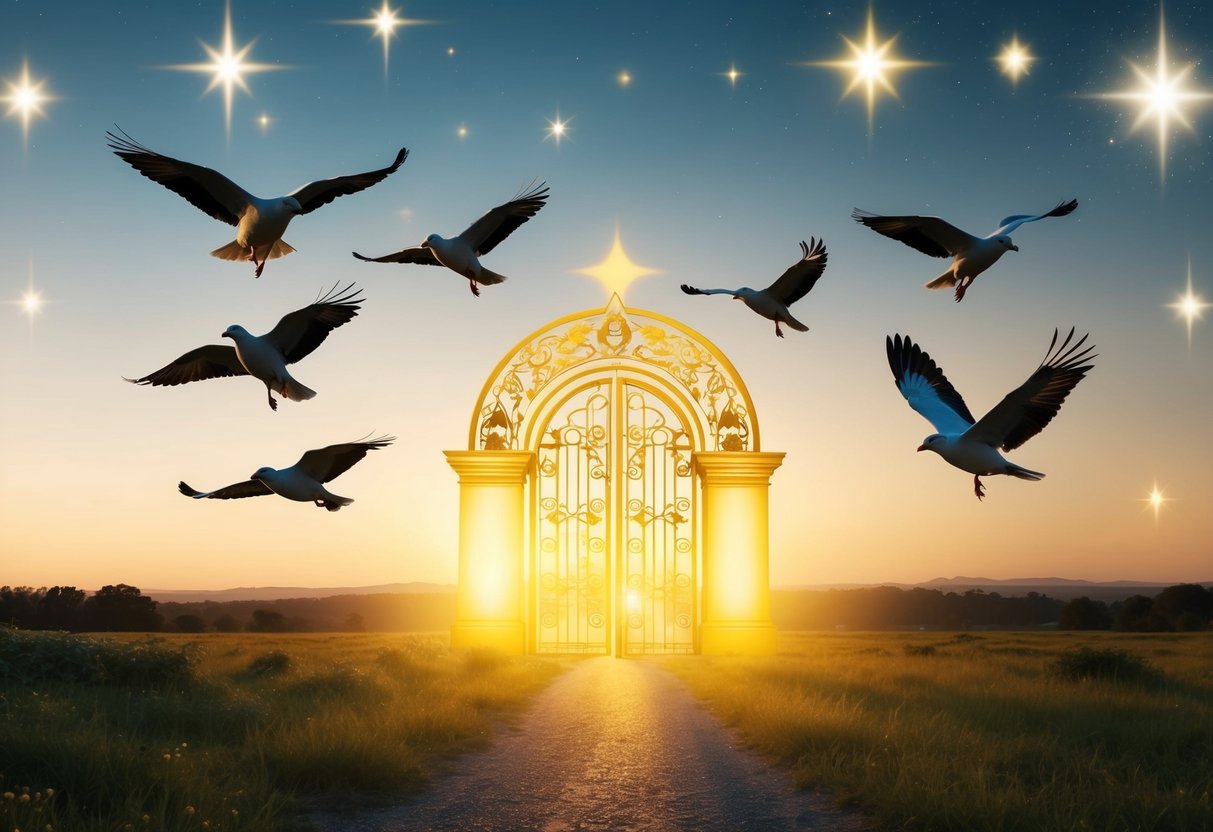 A serene landscape with seven birds flying towards a glowing, golden gate amidst a backdrop of stars and celestial symbols
