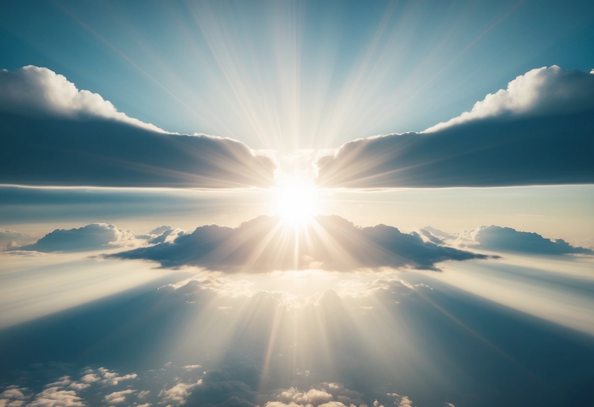 A serene, celestial realm with three layers of ethereal clouds and radiant light emanating from the center