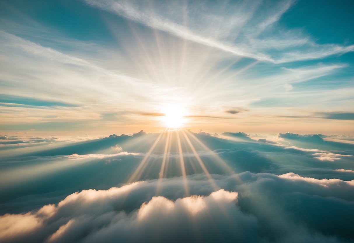 A radiant, celestial realm with layers of ethereal clouds and shimmering light, revealing a sense of divine presence and transcendence