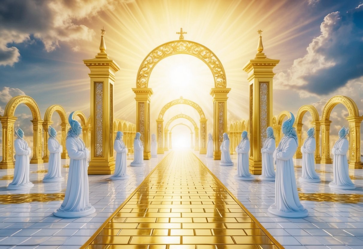 A radiant, celestial realm with golden gates, pearly streets, and ethereal beings in the Third Heaven