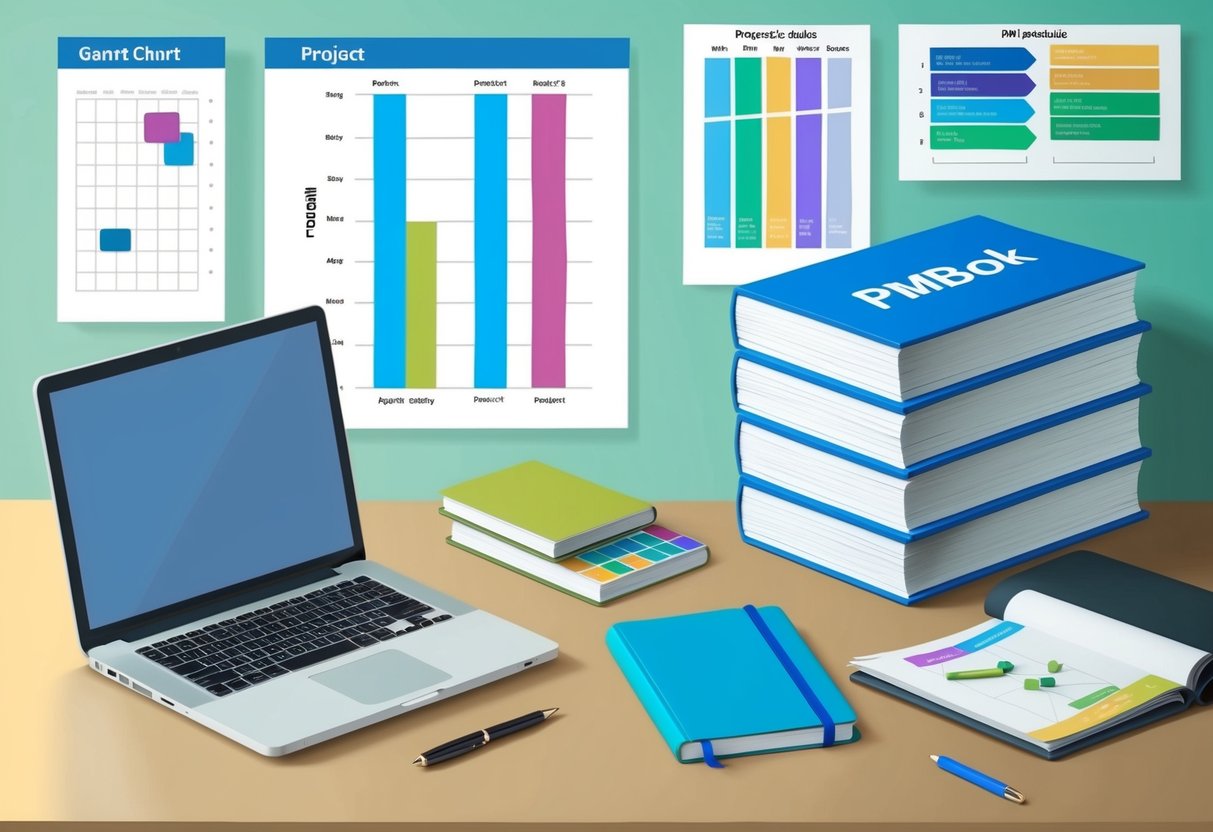 A cluttered desk with a laptop, notebook, and pen. A Gantt chart and project schedule on the wall. A stack of PMBOK guides in the background
