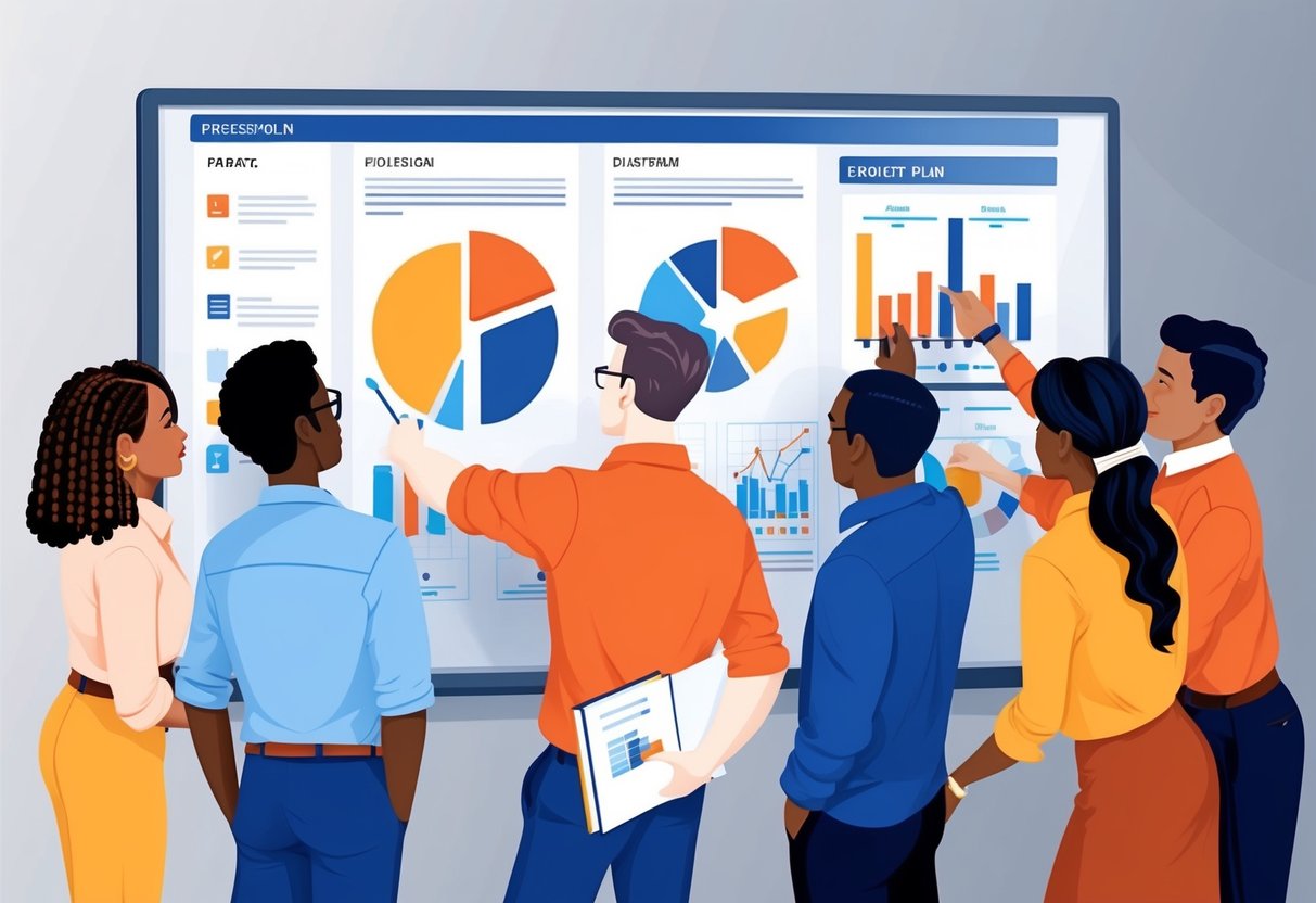A group of diverse individuals collaborating around a project plan, with charts and diagrams displayed on a whiteboard