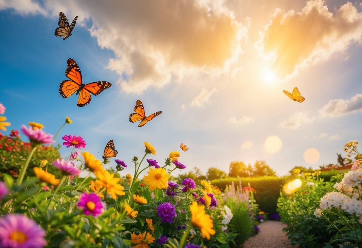A serene garden with colorful flowers and butterflies, a peaceful sky with fluffy clouds, and a warm, golden light shining down from above