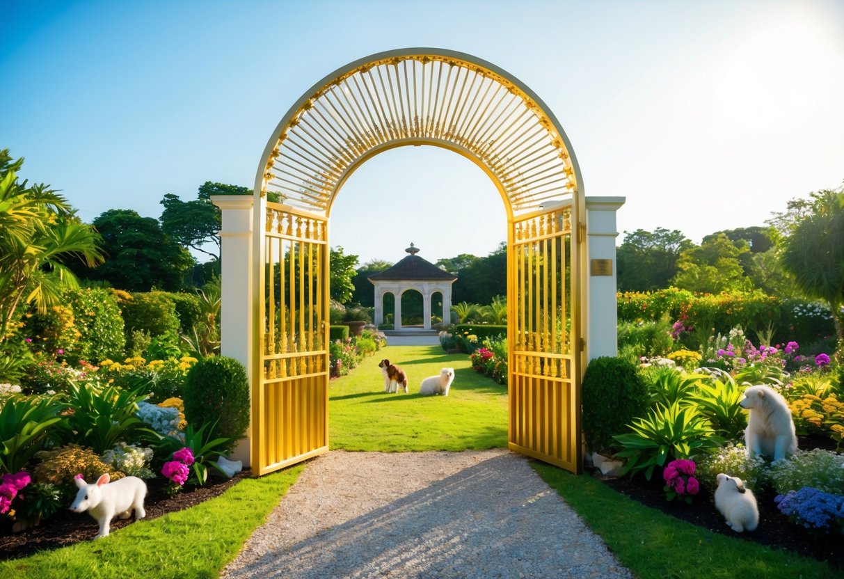 A radiant, golden gate opening to a lush, serene garden with vibrant flowers and peaceful animals, under a clear, bright sky