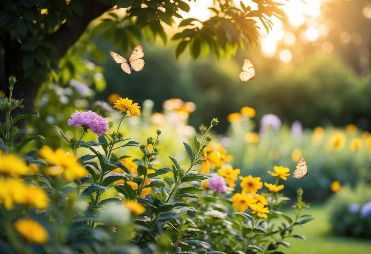 A serene garden with a golden glow, where soft, colorful flowers bloom and gentle butterflies flutter among the trees