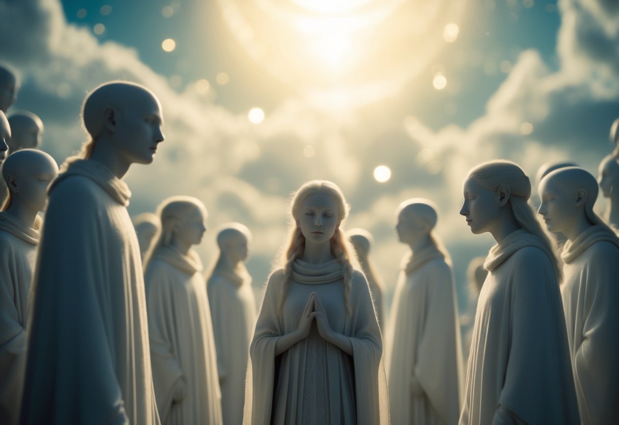 A group of ethereal figures, glowing with soft light, gather in a celestial realm, their features and forms ambiguous and serene
