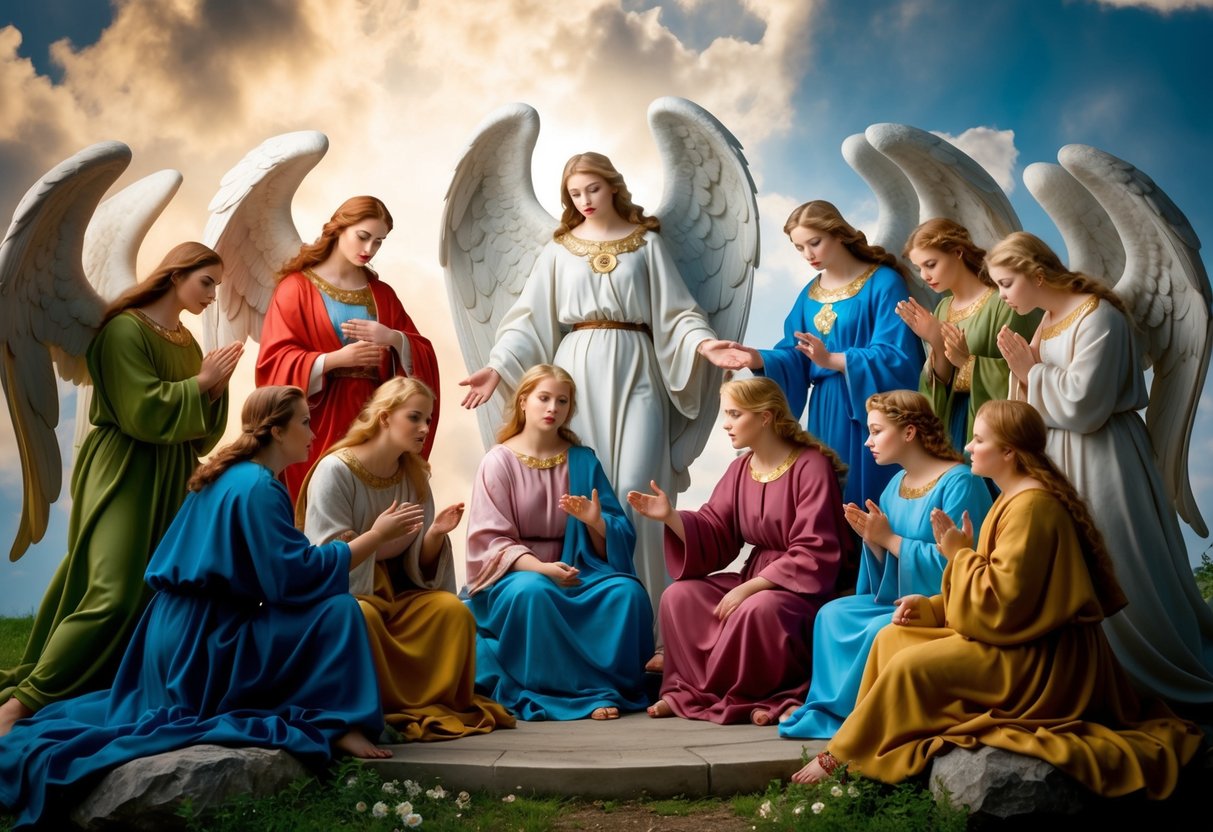 A group of angels, depicted in various forms and attire, gather in a celestial setting, engaged in discussion and contemplation