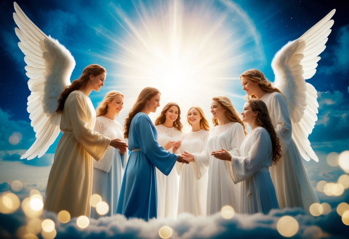 A group of angels, with diverse appearances, gather in a celestial realm, radiating a sense of peace and divine presence