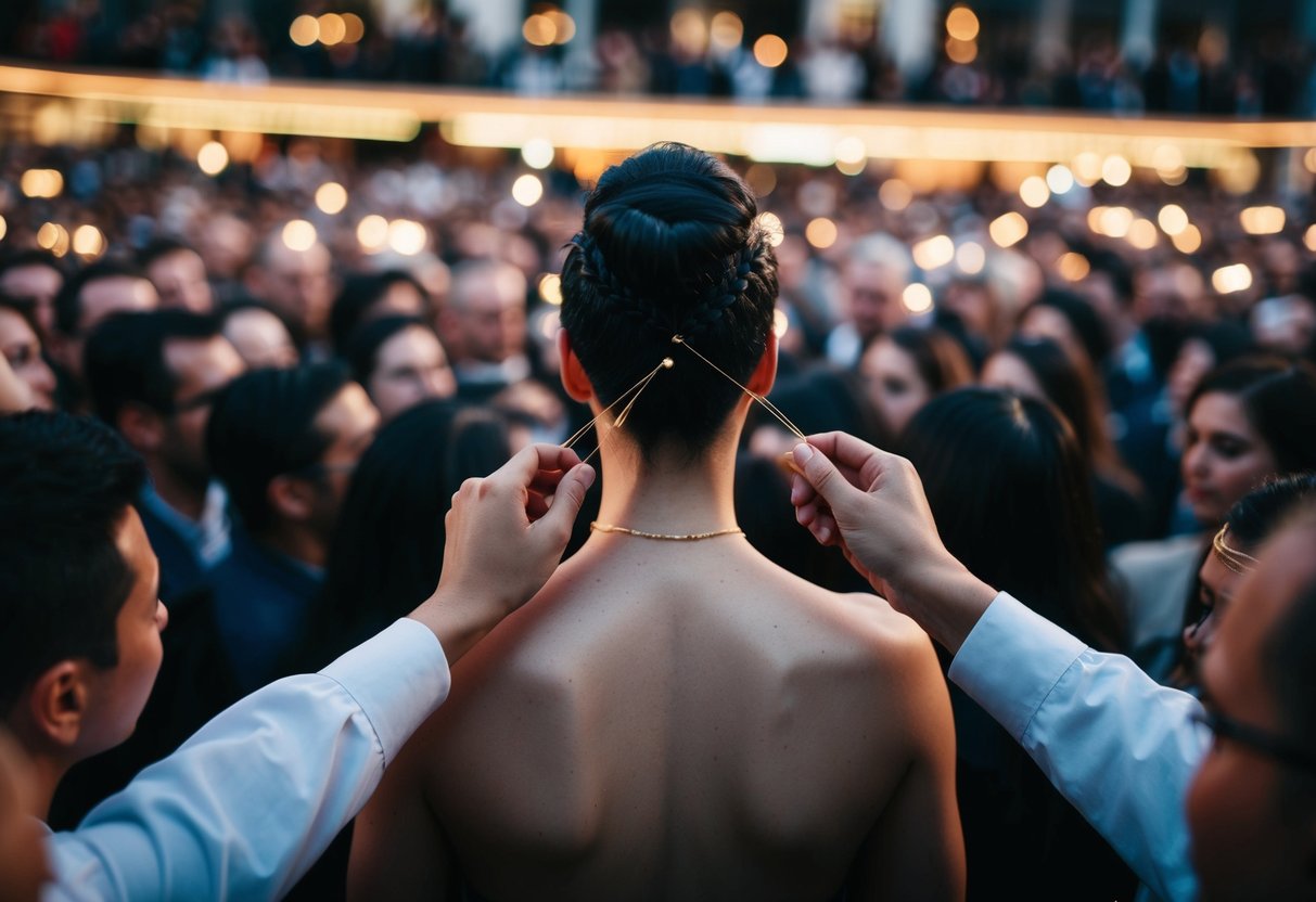 A figure surrounded by a crowd, back exposed, receiving multiple lashes
