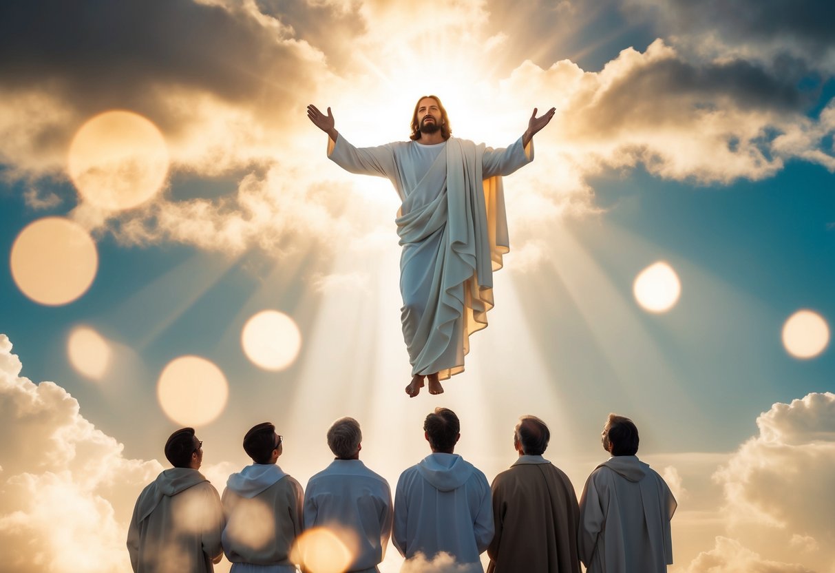 Jesus ascending into heaven, surrounded by clouds and light, with his disciples watching from below